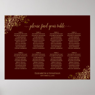 8 Table Wedding Seating Chart Gold Frills Burgundy