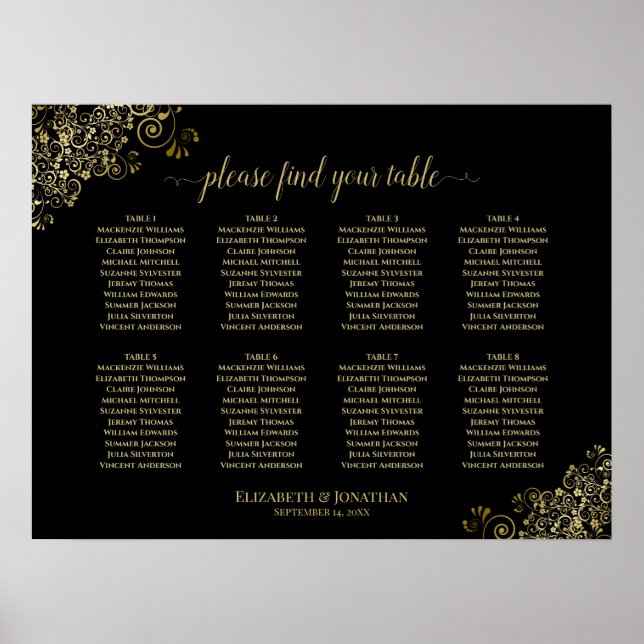 8 Table Wedding Seating Chart Gold Frills on Black (Front)