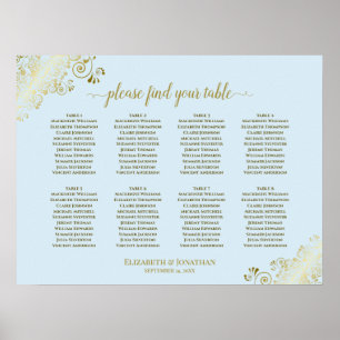 8 Table Wedding Seating Chart Powder Blue & Gold