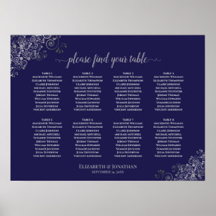 8 Table Wedding Seating Chart Silver on Navy Blue