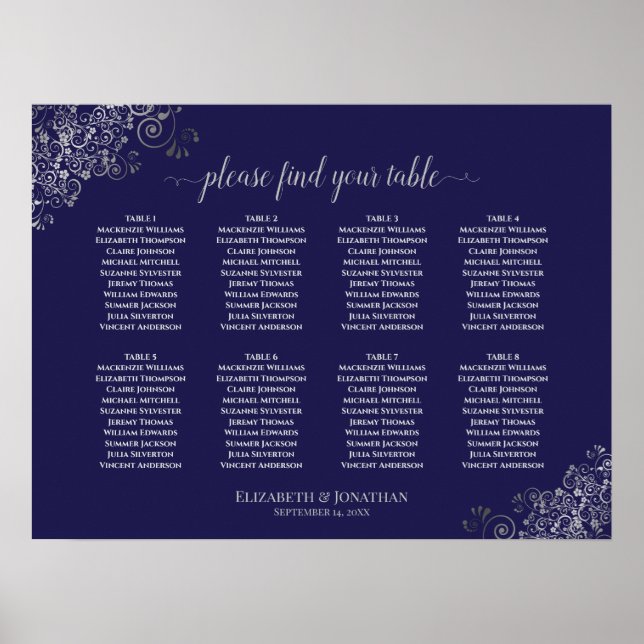 8 Table Wedding Seating Chart Silver on Navy Blue (Front)