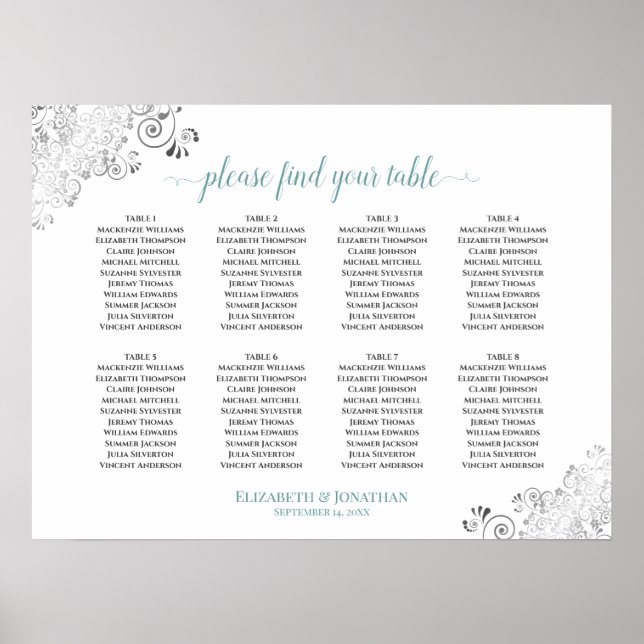 8 Table White & Teal Frilly Wedding Seating Chart (Front)