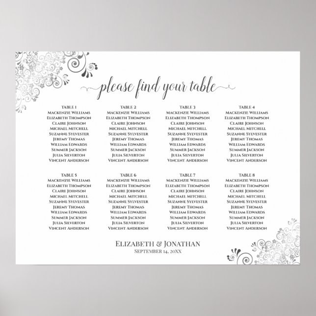 8 Table White Wedding Seating Chart Silver Frills (Front)