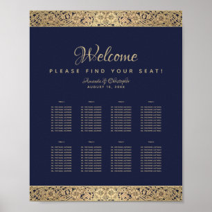 8 Tables Navy Blue Wedding Seating Chart Gold Rose