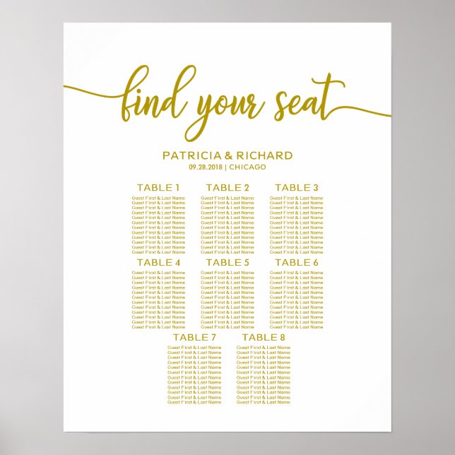 8 Tables Wedding Seating Chart Gold Calligraphy (Front)