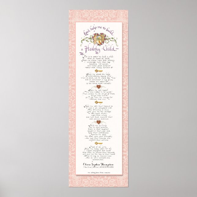 8 x 24 Build a Healthy Child Blush Damask Pattern Poster (Front)