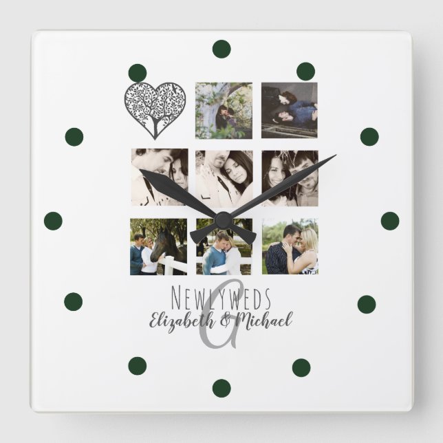 8 x PHOTO COLLAGE Newlyweds Personalised WEDDING Square Wall Clock (Front)