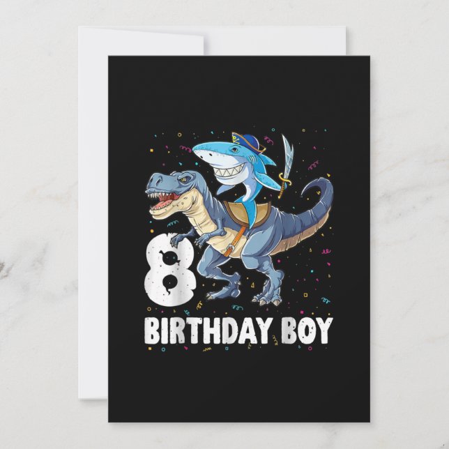 8 year old, 8th Birthday Boy Shark Dinosaur Prirat Holiday Card (Front)