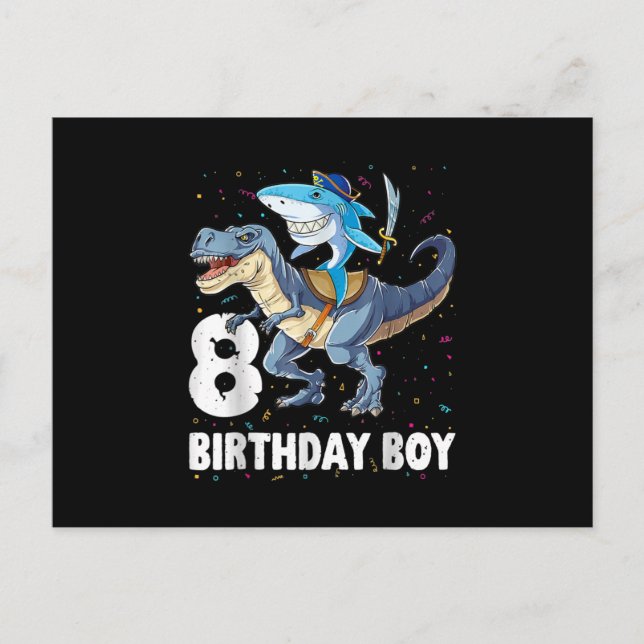 8 year old, 8th Birthday Boy Shark Dinosaur Prirat Holiday Postcard (Front)