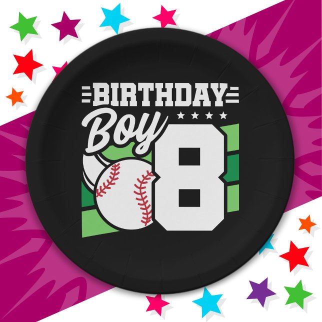 8 Year Old Baseball Party Theme 8th Birthday Boy Paper Plate (Creator Uploaded)