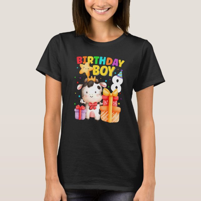 8 Year Old Birthday Boy 8th Cow Farm Animals Birth T-Shirt (Front)