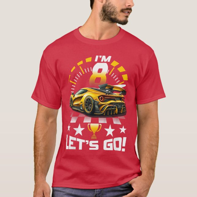 8 Year Old Race 8th Birthday Party Gold Racing Rac T-Shirt (Front)