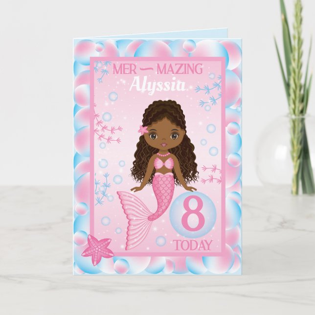 8 Years Old Black Mermaid  | Happy Birthday Card (Front)