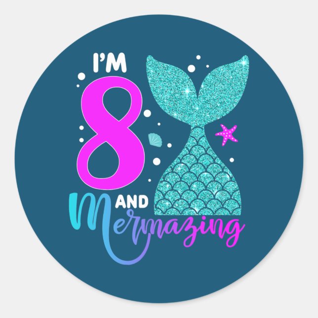 8 Years Old Girl Second 8th Birthday Mermaid Two Classic Round Sticker (Front)