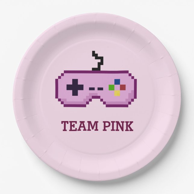 8bit Gamer Gender Reveal Team Pink Paper Plate (Front)