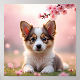 8K Corgi-Realistic Puppy in Autumn Maple Leaves Poster
