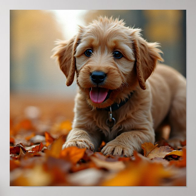 8K Hyper-Realistic Puppy in Autumn Maple Leaves Poster (Front)