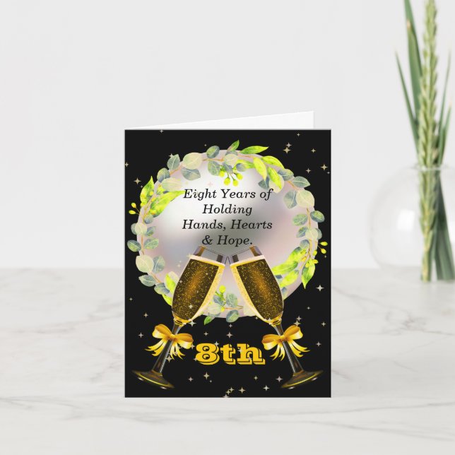 8th Anniversary Card–Pearl, Wine Glasses & Wreath Card (Front)