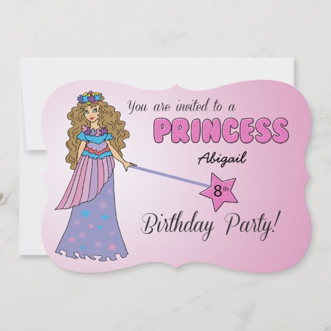 8th Bday Invitation Pink Princess w/ Sparkly Wand (Front)