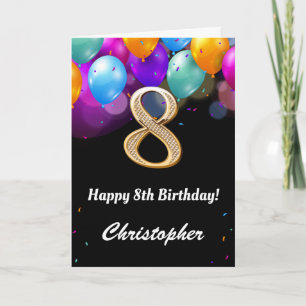8th Birthday Black and Gold Colourful Balloons Car Card