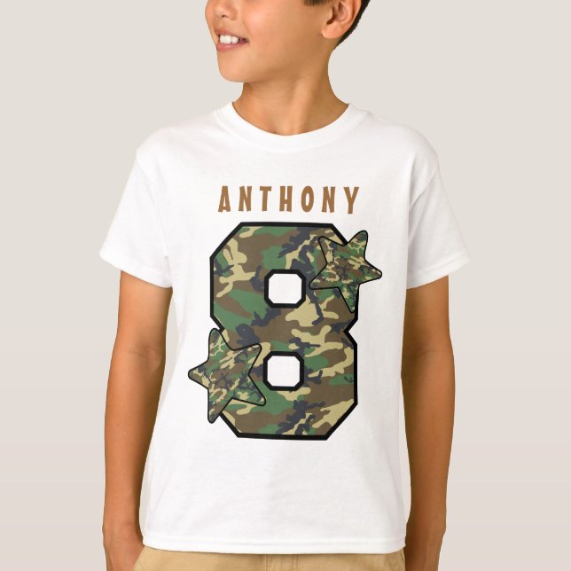 8th Birthday Boy Camo and Stars Custom Name V01H T-Shirt (Front)