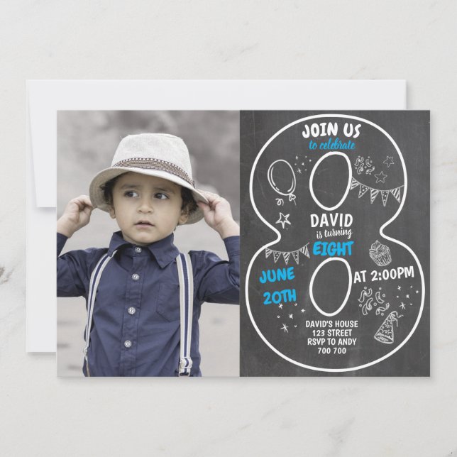 8th Birthday Boy Chalkboard with Photo Number Blue Invitation (Front)