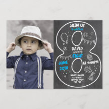 8th Birthday Boy Chalkboard with Photo Number Blue