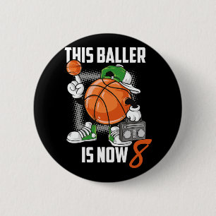 8th Birthday Bysketbyll Player Fun 8 Years Old Kid 6 Cm Round Badge