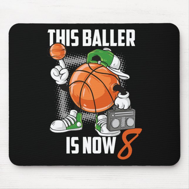 8th Birthday Bysketbyll Player Fun 8 Years Old Kid Mouse Mat (Front)
