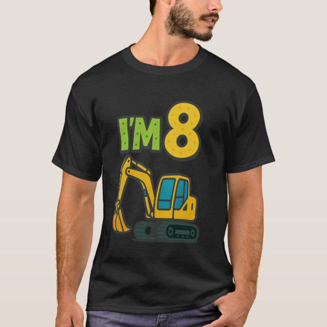 8th Birthday Cartoon Yellow Crawler Excavator 8 Ei T-Shirt (Front)