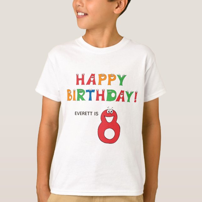 8th Birthday Colourful Alphabet with Name Kids T-Shirt (Front)