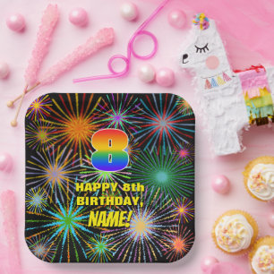 8th Birthday: Colourful, Fun Celebratory Fireworks Paper Plate