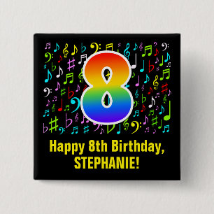 8th Birthday: Colourful Music Symbols, Rainbow 8 15 Cm Square Badge