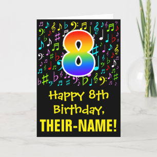 8th Birthday: Colourful Music Symbols + Rainbow 8 Card