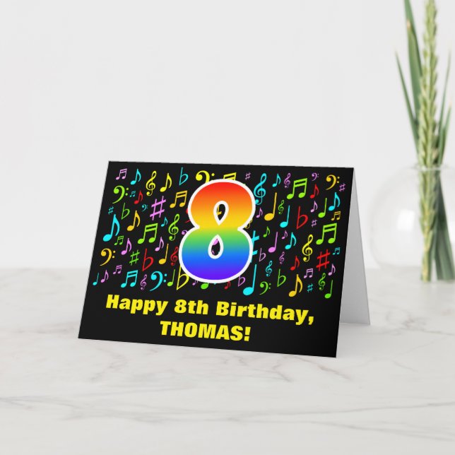 8th Birthday - Colourful Music Symbols & Rainbow 8 Card (Front)