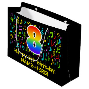 8th Birthday - Colourful Music Symbols, Rainbow 8 Large Gift Bag