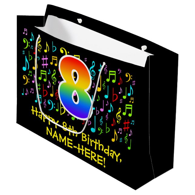 8th Birthday - Colourful Music Symbols, Rainbow 8 Large Gift Bag (Front Angled)