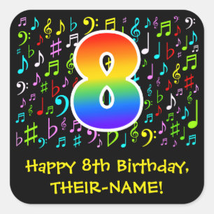 8th Birthday: Colourful Music Symbols, Rainbow 8 Square Sticker