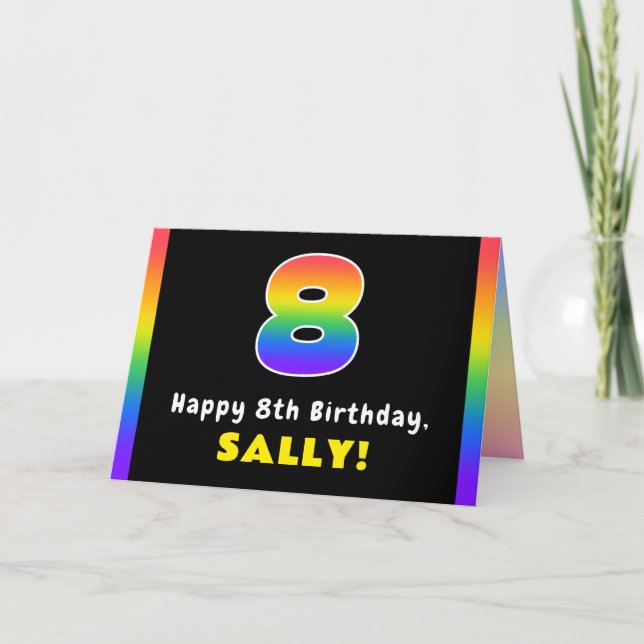 8th Birthday: Colourful Rainbow # 8, Custom Name Card (Front)