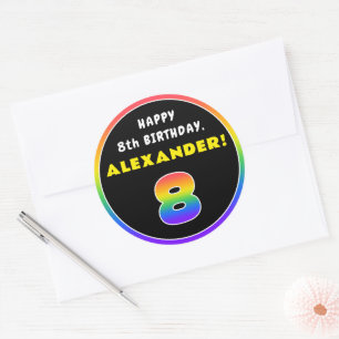 8th Birthday: Colourful Rainbow # 8, Custom Name Classic Round Sticker