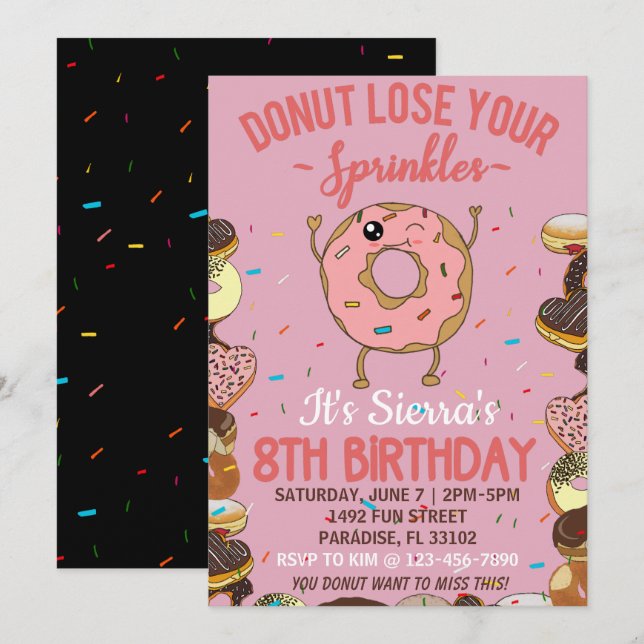 8th Birthday Doughnut Lose Your Sprinkles Girls Invitation (Front/Back)