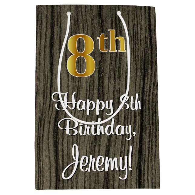 8th Birthday: Elegant Faux Gold Look #, Faux Wood Medium Gift Bag (Front)