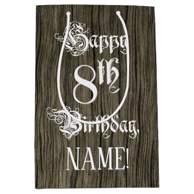8th Birthday: Fancy, Faux Wood Look + Custom Name Medium Gift Bag (Front)