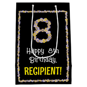 8th Birthday: Floral Flowers Number, Custom Name Medium Gift Bag