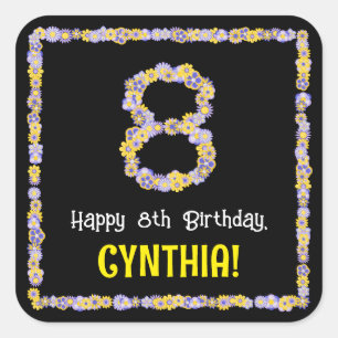 8th Birthday: Floral Flowers Number, Custom Name Square Sticker