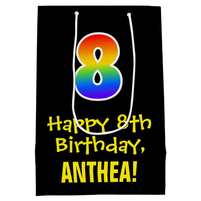 8th Birthday: Fun, Bold, Colourful, Rainbow "8" Medium Gift Bag (Back)