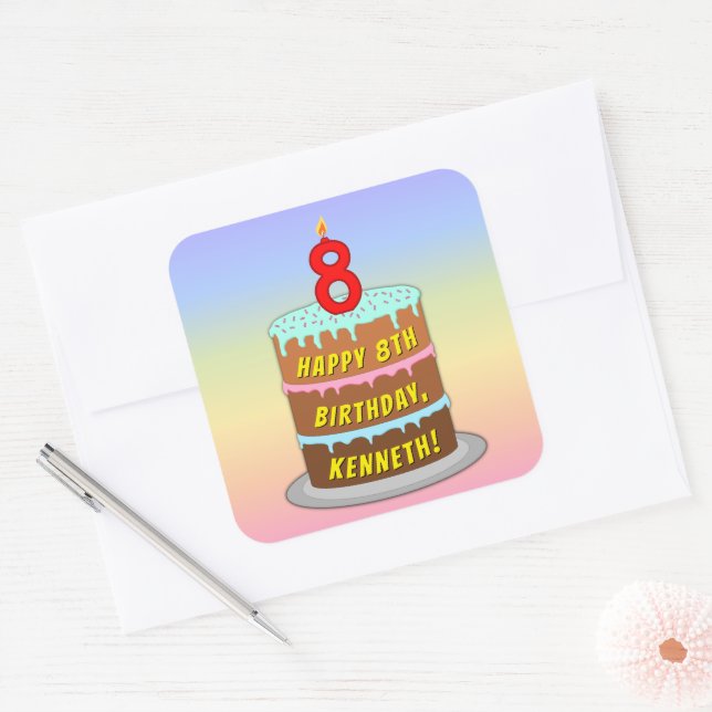 8th Birthday: Fun Cake and Candle + Custom Name Square Sticker (Envelope)