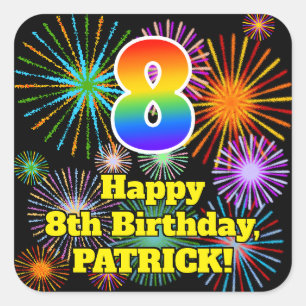 8th Birthday: Fun Fireworks Look, Rainbow # 8 Square Sticker