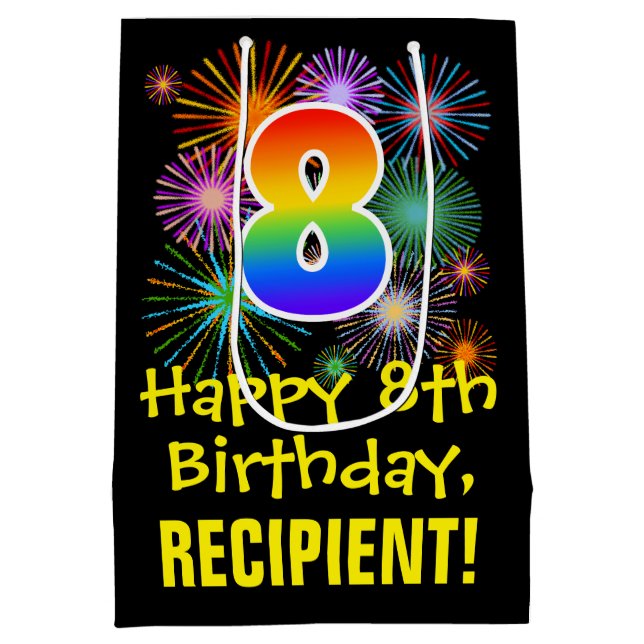 8th Birthday: Fun Fireworks Pattern + Rainbow 8 Medium Gift Bag (Back)