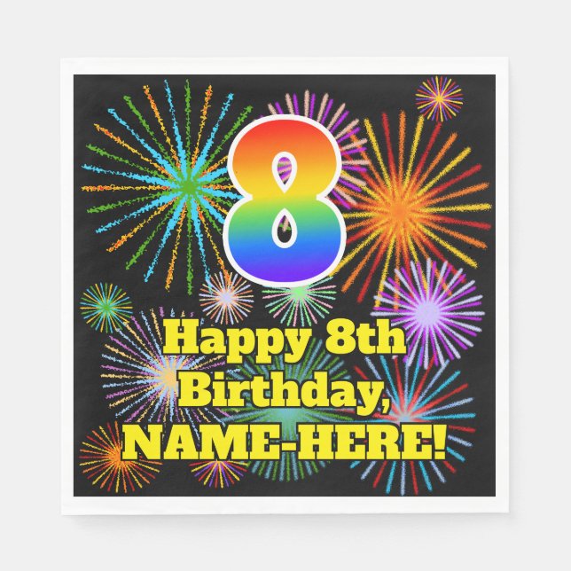 8th Birthday: Fun Fireworks Pattern + Rainbow 8 Napkin (Front)